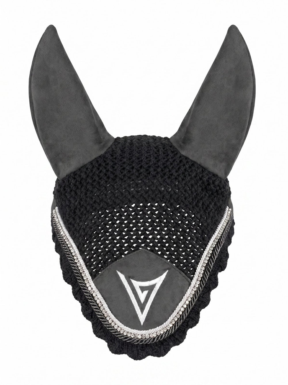 Grey knitted velvet ear bonnet with clear crystal trim, front — Valerie Equestrian Insight