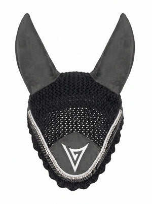 Grey knitted velvet ear bonnet with clear crystal trim, front — Valerie Equestrian Insight