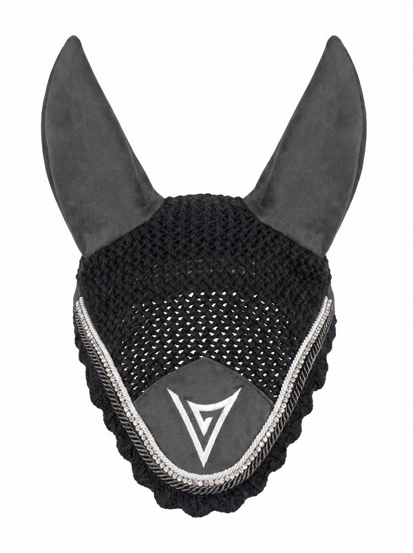 Grey knitted velvet ear bonnet with clear crystal trim, front — Valerie Equestrian Insight