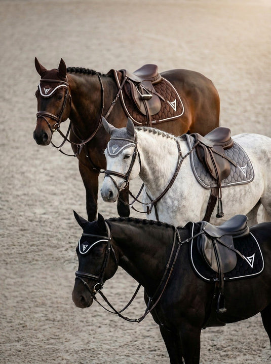 Grey knitted velvet ear bonnet with clear crystal trim, front — Valerie Equestrian Insight