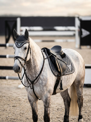 Grey velvet ear bonnet, lifestyle — Valerie Equestrian