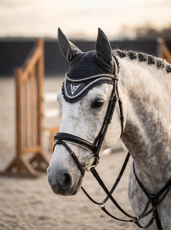 Grey velvet ear bonnet, lifestyle — Valerie Equestrian