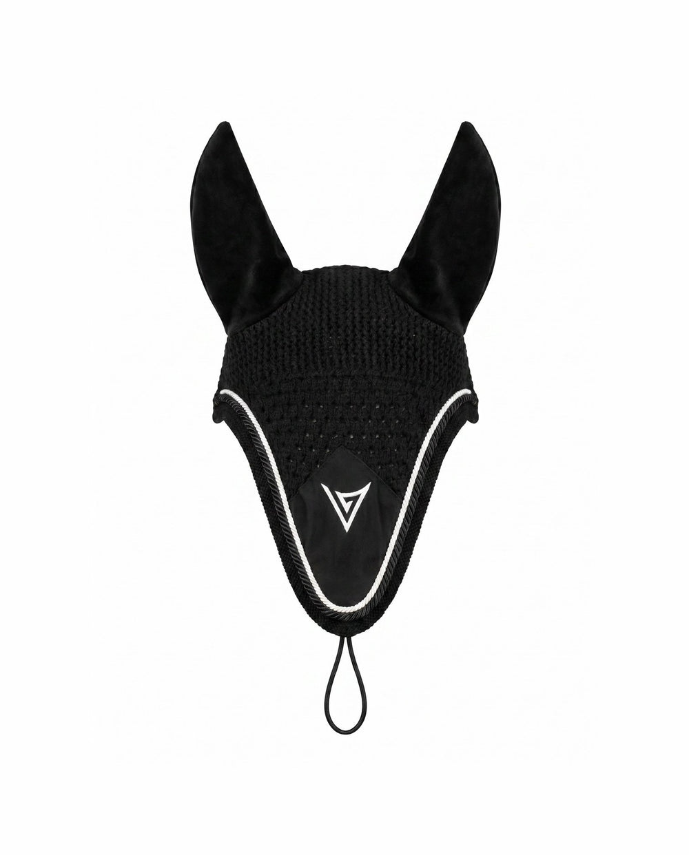 Black long fly veil with velvet ears and contrast trim, front — Valerie Equestrian Stillness