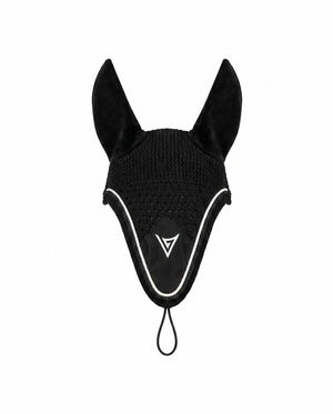 Black long fly veil with velvet ears and contrast trim, front — Valerie Equestrian Stillness