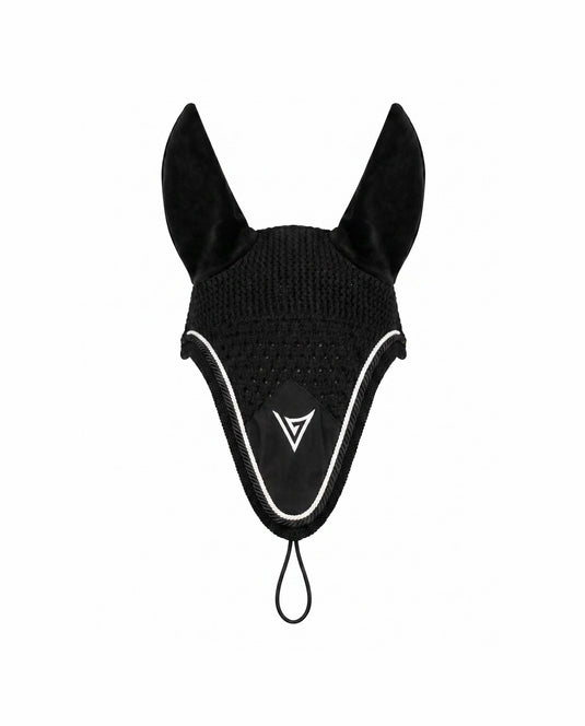 Black long fly veil with velvet ears and contrast trim, front — Valerie Equestrian Stillness