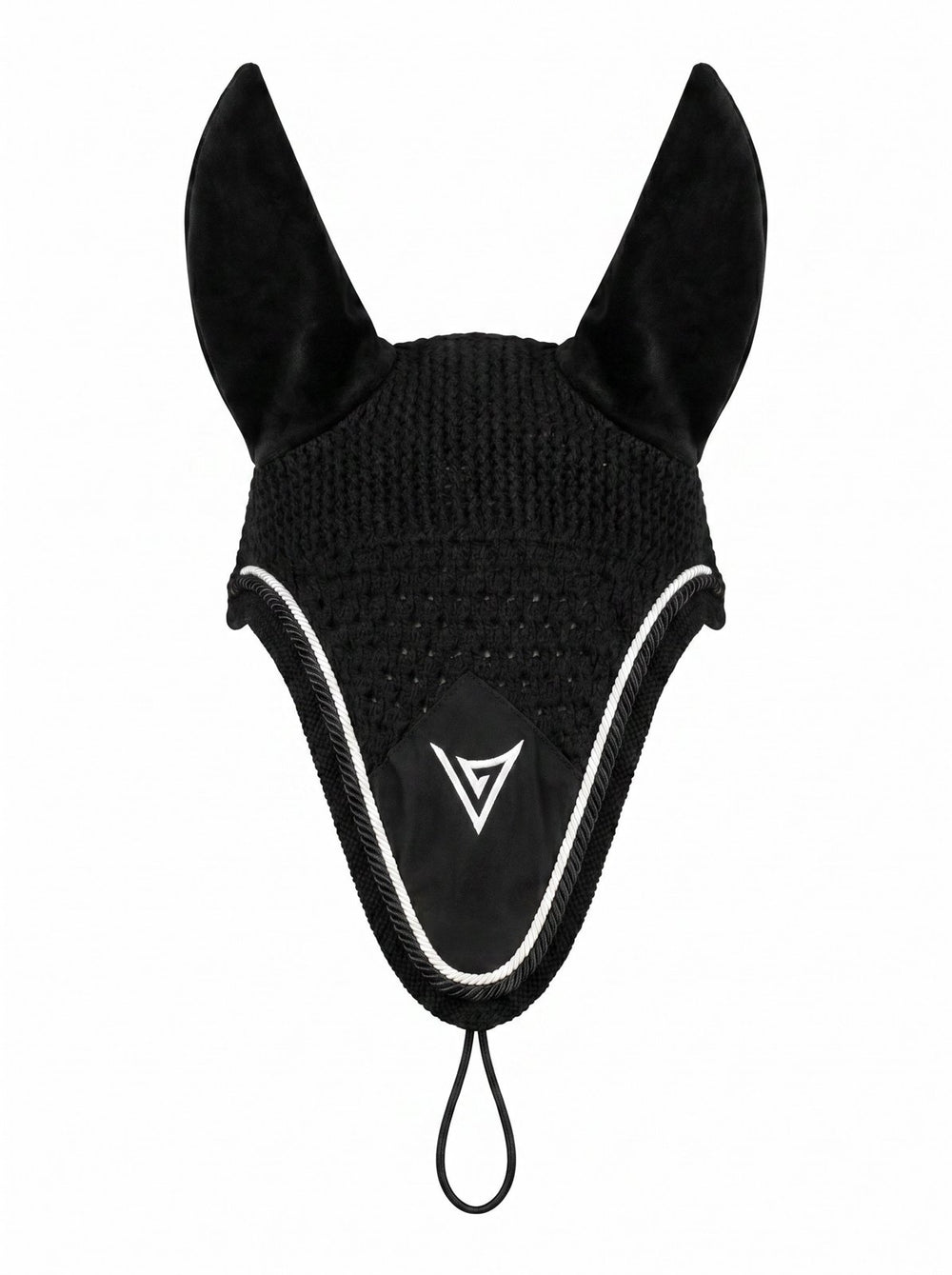 Black long fly veil with velvet ears and contrast trim, front — Valerie Equestrian Stillness