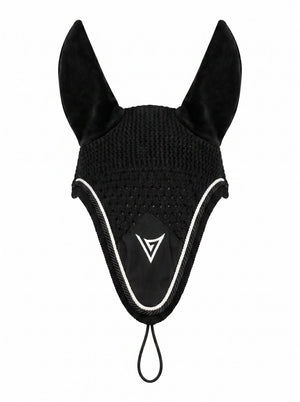 Black long fly veil with velvet ears and contrast trim, front — Valerie Equestrian Stillness