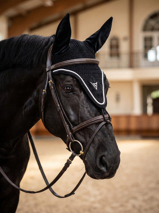 Black long fly veil with velvet ears and contrast trim, front — Valerie Equestrian Stillness