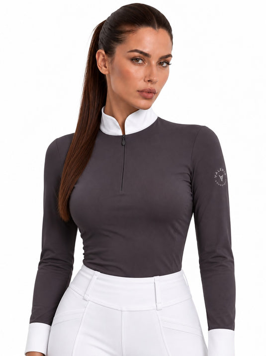 Grey long-sleeve competition show shirt with white stand-up collar and cuffs, front view — Valerie Equestrian Distinction