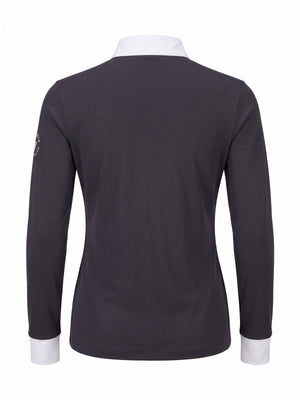 Grey long-sleeve competition show shirt, back product view with white collar and cuffs — Valerie Equestrian Distinction