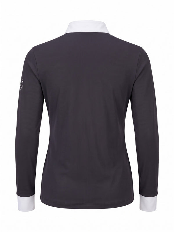 Grey long-sleeve competition show shirt, back product view with white collar and cuffs — Valerie Equestrian Distinction