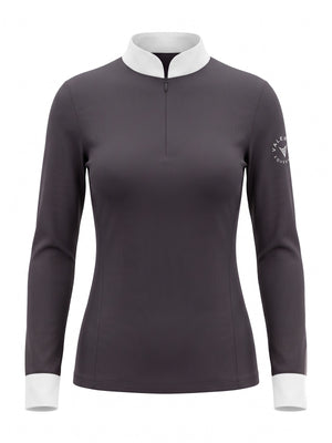 Grey long-sleeve competition show shirt with white collar and cuffs, front product view — Valerie Equestrian Distinction
