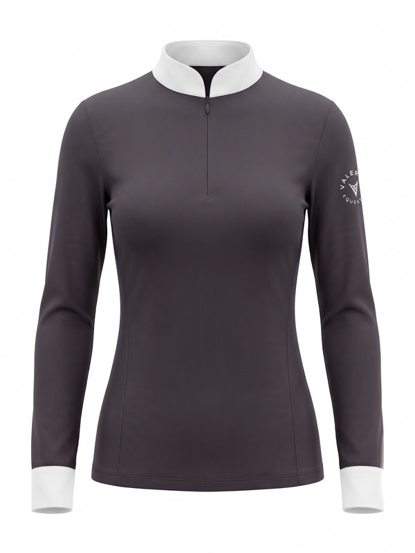 Grey long-sleeve competition show shirt with white collar and cuffs, front product view — Valerie Equestrian Distinction