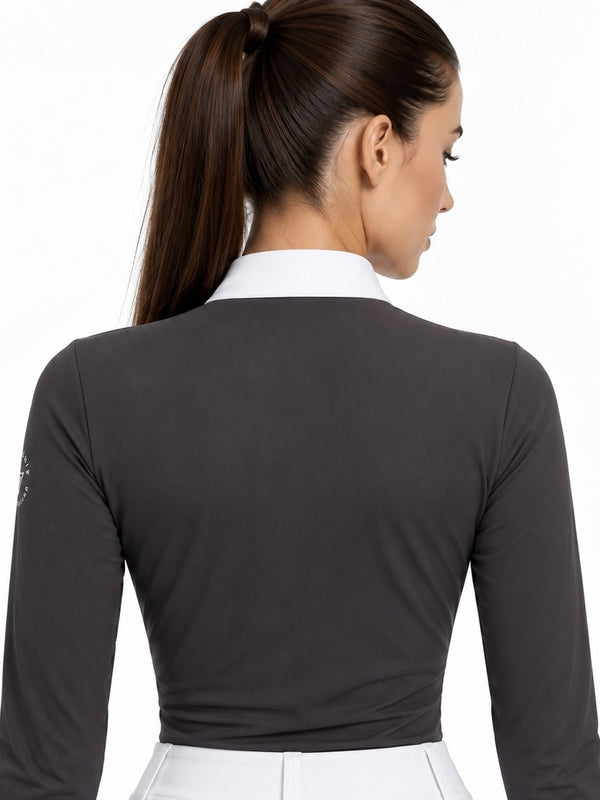 Grey long-sleeve show shirt, back view on a rider — Valerie Equestrian Distinction