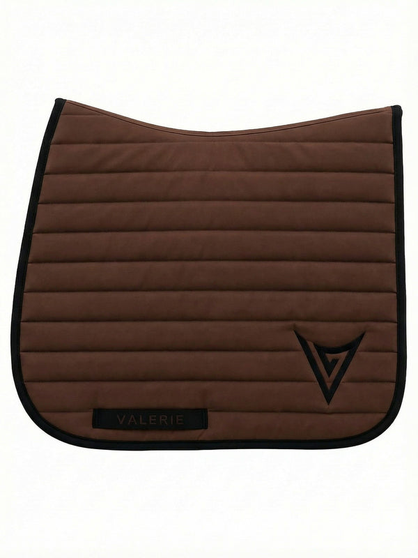 Chocolate nylon dressage saddle pad with black binding and tonal logo — Valerie Equestrian Resolve