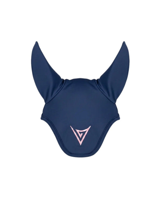 Navy nylon ear bonnet with pink logo, studio — Valerie Equestrian Spark