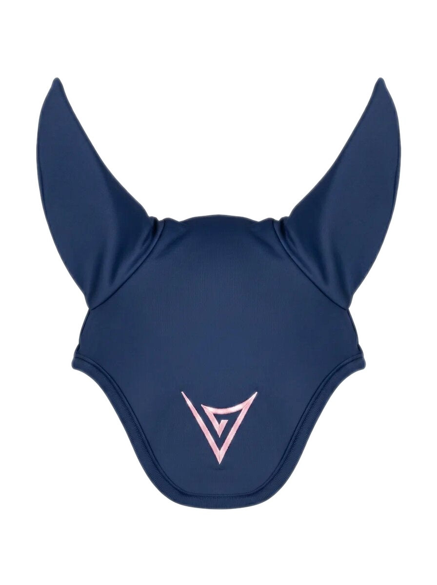 Navy nylon ear bonnet with pink logo, studio — Valerie Equestrian Spark