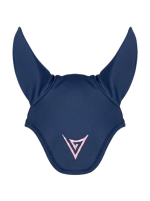 Navy nylon ear bonnet with pink logo, studio — Valerie Equestrian Spark