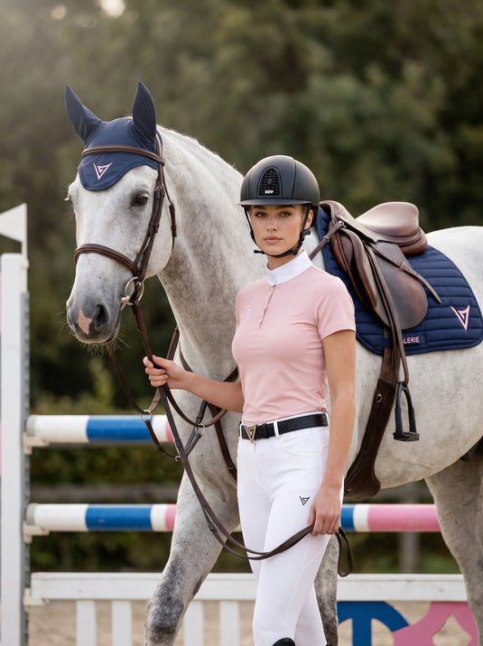 Navy nylon ear bonnet with pink logo, studio — Valerie Equestrian Spark