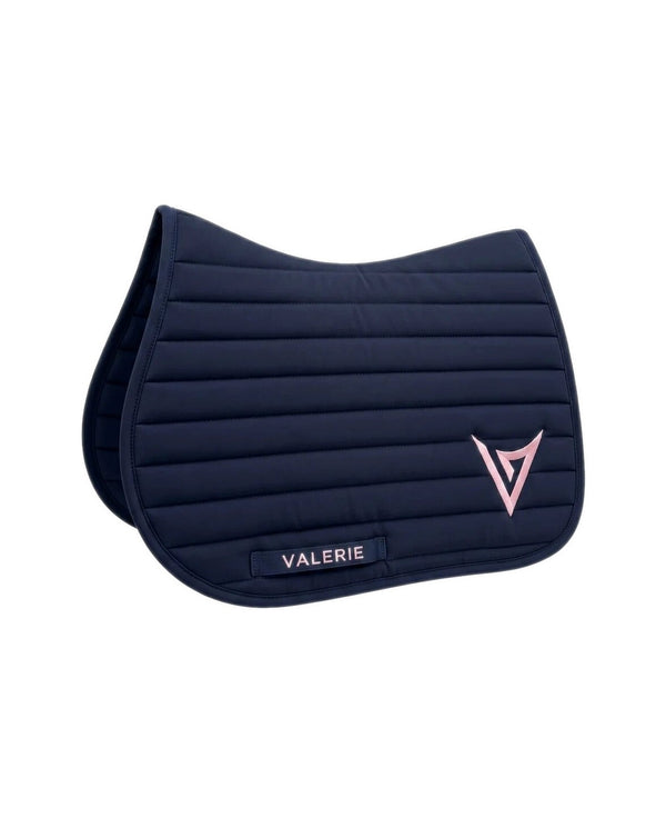 Navy nylon jumping saddle pad with pink logo, studio — Valerie Equestrian Devotion