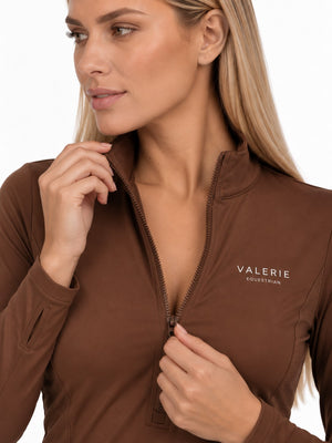 Chocolate turtleneck, close-up of the front zip and collar with VALERIE EQUESTRIAN wordmark — Valerie Equestrian Resonance