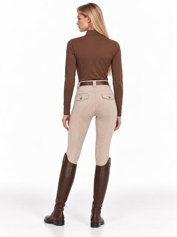 Chocolate riding turtleneck, back view with beige breeches — Valerie Equestrian Resonance