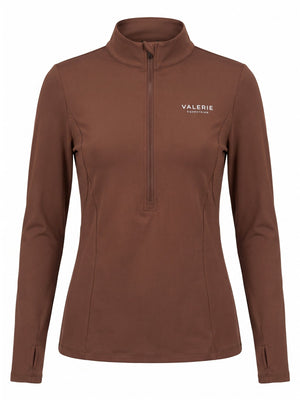 Chocolate perforated zip-up riding turtleneck, front product view — Valerie Equestrian Resonance
