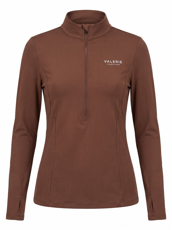 Chocolate perforated zip-up riding turtleneck, front product view — Valerie Equestrian Resonance