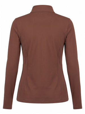 Chocolate perforated zip-up riding turtleneck, back product view — Valerie Equestrian Resonance