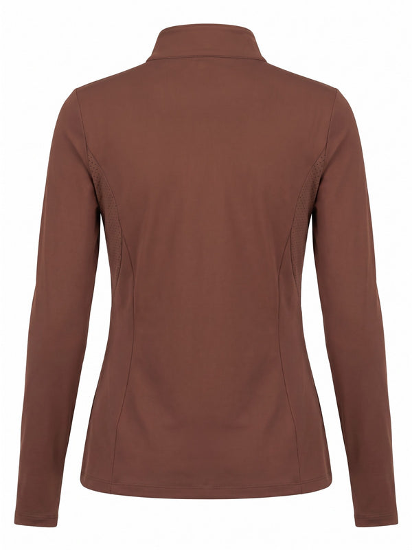 Chocolate perforated zip-up riding turtleneck, back product view — Valerie Equestrian Resonance