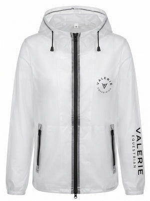 Transparent hooded rain jacket, front — Valerie Equestrian Shield