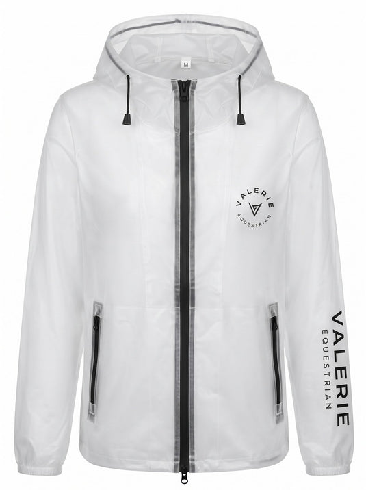 Transparent hooded rain jacket, front — Valerie Equestrian Shield