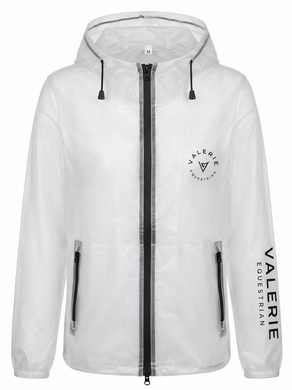Transparent hooded rain jacket, front — Valerie Equestrian Shield