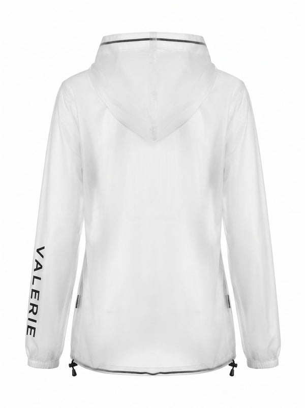 Transparent hooded rain jacket, back — Valerie Equestrian