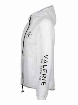 Transparent hooded rain jacket, side — Valerie Equestrian