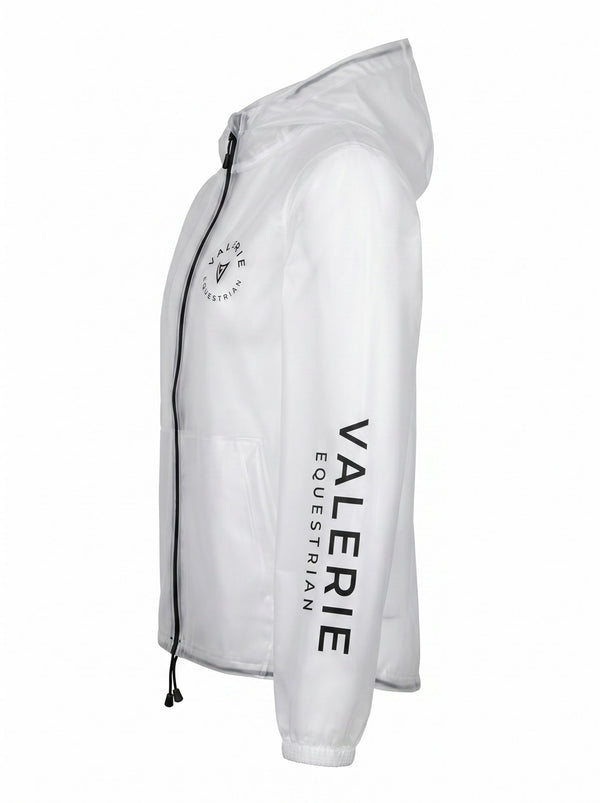 Transparent hooded rain jacket, side — Valerie Equestrian
