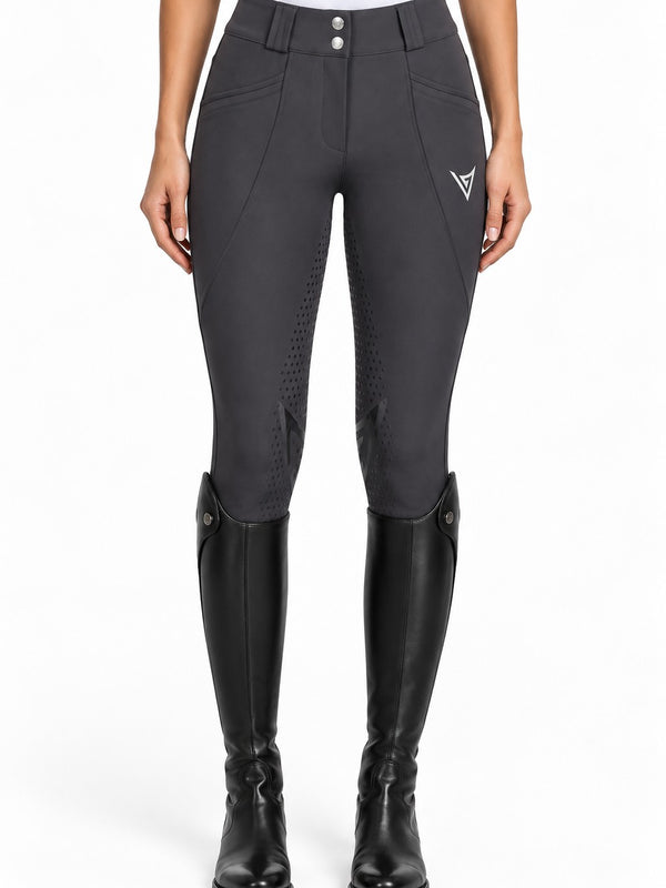 Graphite grey riding breeches, front view with two branded snaps and Valerie Equestrian logotype on the thigh — Valerie Equestrian Momentum