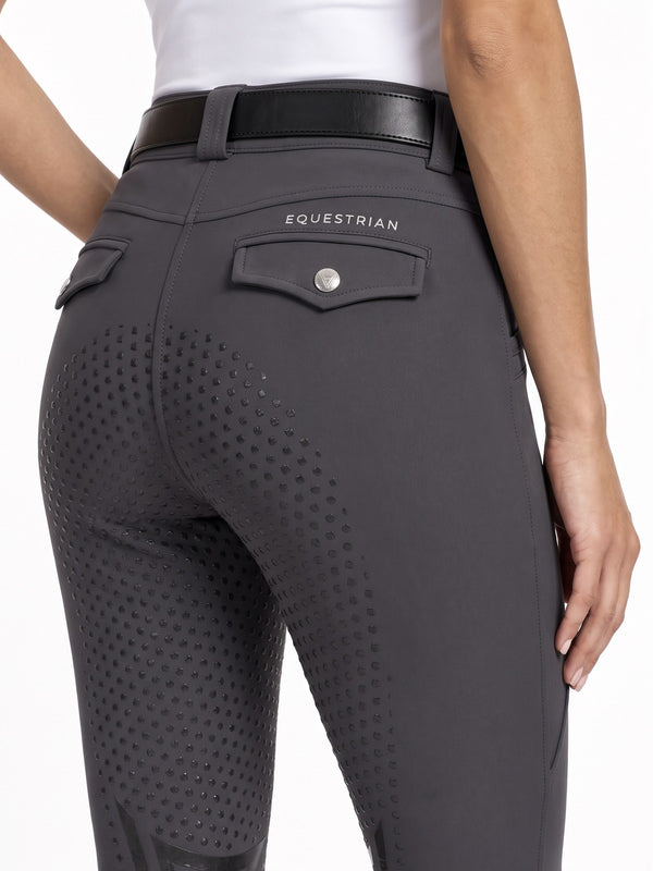 Graphite grey riding breeches, back and side detail with EQUESTRIAN lettering, decorative pocket flap and full seat silicone grip — Valerie Equestrian Momentum
