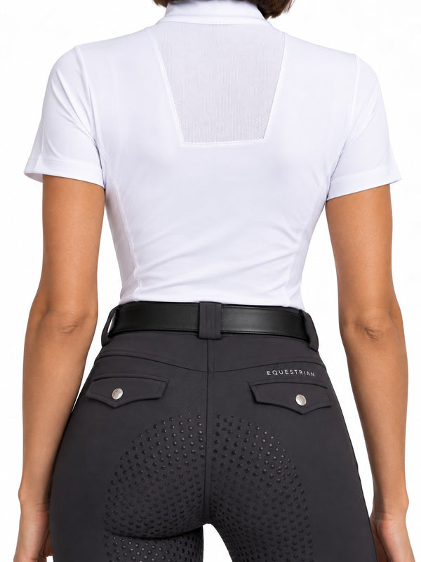 Graphite grey riding breeches, back view with full seat silicone grip and decorative back pocket flaps — Valerie Equestrian Momentum