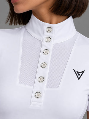White show shirt, close-up of the stand collar, logo-engraved buttons and sheer mesh chest panel — Valerie Equestrian Purity