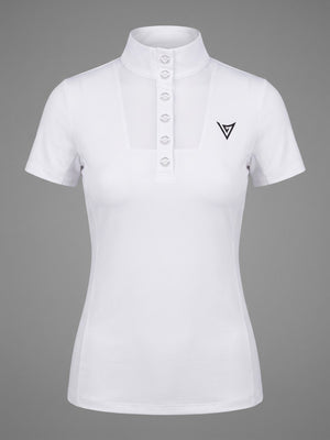 White short-sleeve competition show shirt, front product view — Valerie Equestrian Purity