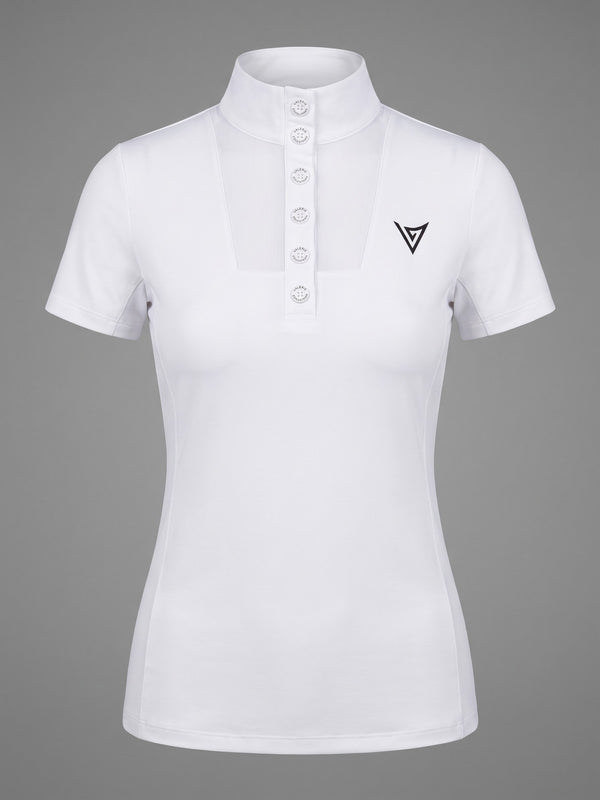 White short-sleeve competition show shirt, front product view — Valerie Equestrian Purity