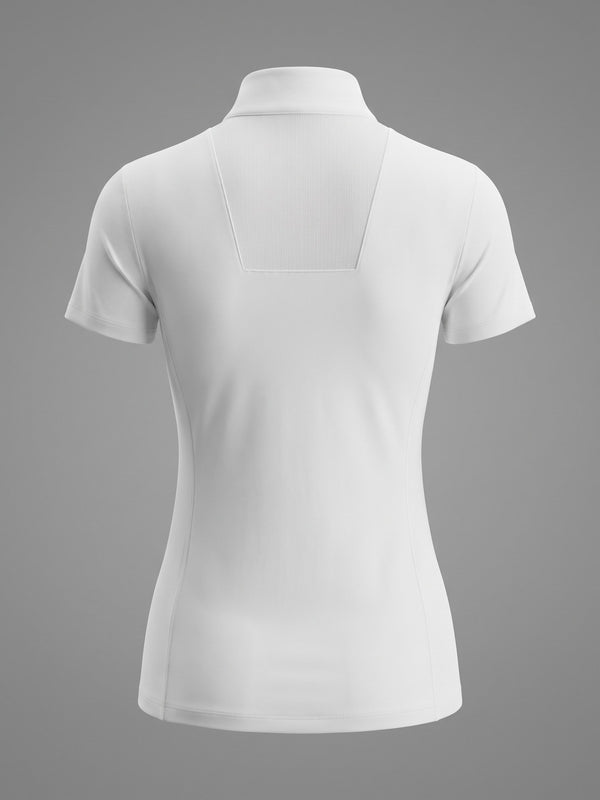 White short-sleeve show shirt, back product view with square mesh ventilation panel — Valerie Equestrian Purity