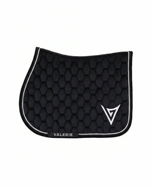 Black velvet jumping saddle pad, front — Valerie Equestrian Presence