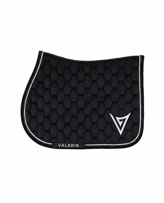 Black velvet jumping saddle pad, front — Valerie Equestrian Presence
