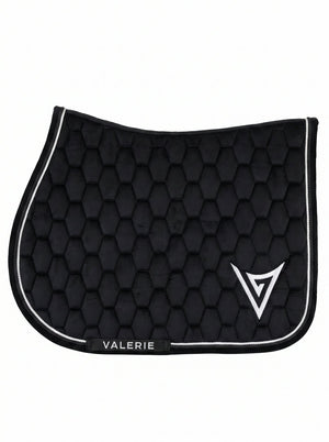 Black velvet jumping saddle pad, front — Valerie Equestrian Presence