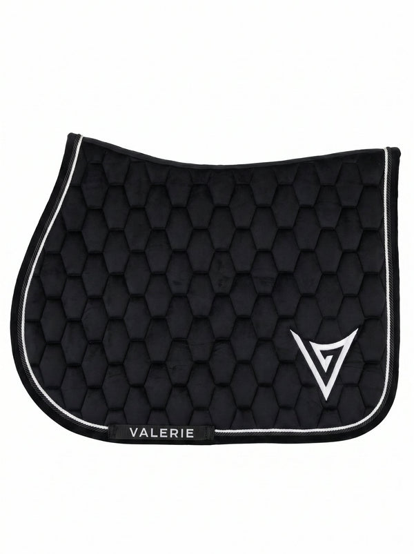 Black velvet jumping saddle pad, front — Valerie Equestrian Presence