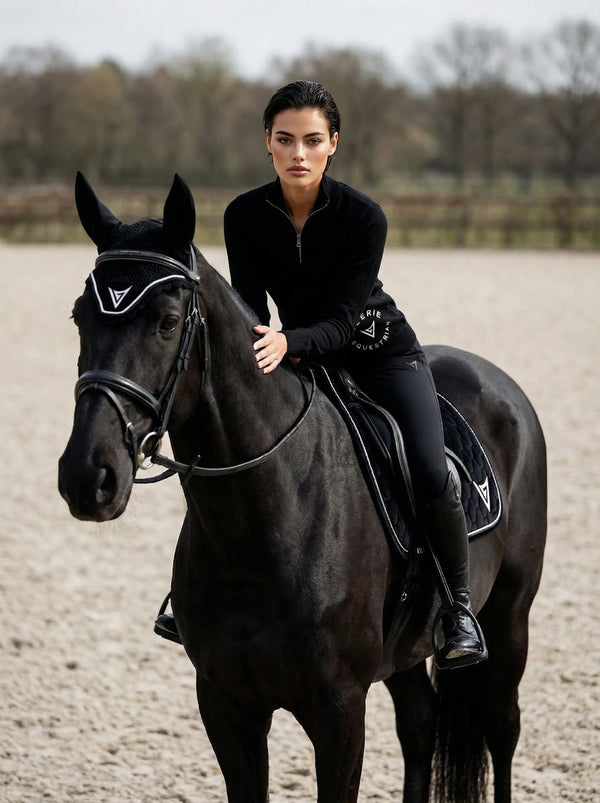 Black velvet saddle pad, lifestyle — Valerie Equestrian