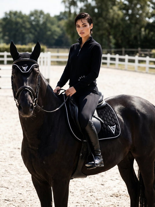 Black velvet jumping saddle pad, front — Valerie Equestrian Presence