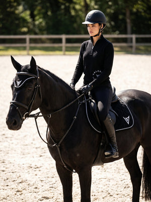 Black velvet saddle pad, lifestyle — Valerie Equestrian